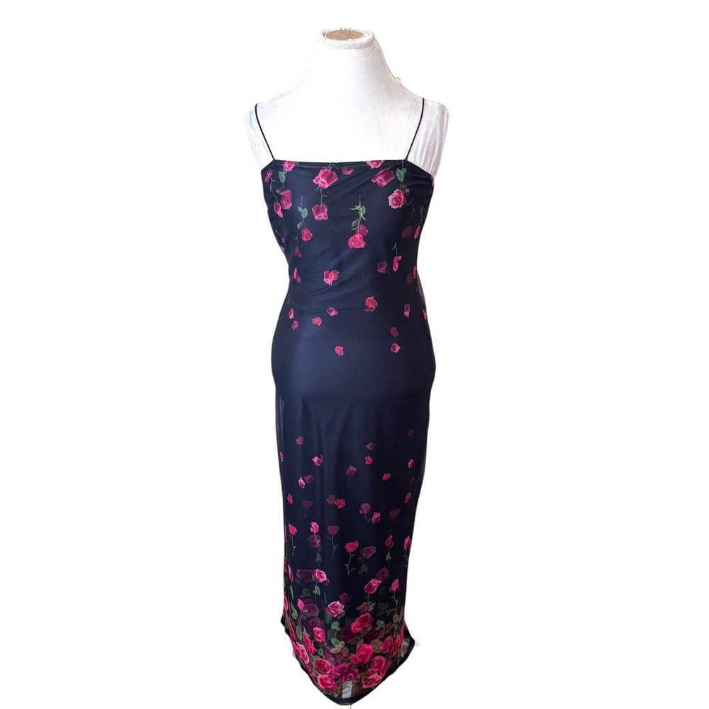VTG Y2K 90s Mesh Overlay Maxi Dress Small Black Floral Whimsigoth Fairy Ethereal